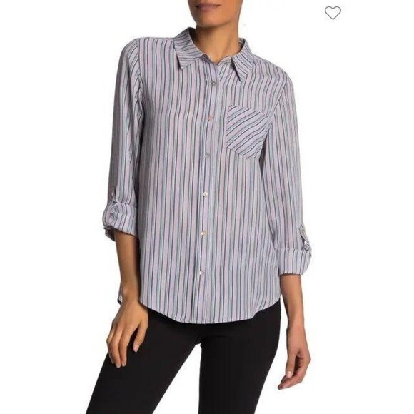 Nanette Lepore women's pinstripe roll tab long sleeve business casual blouse - Picture 2 of 12